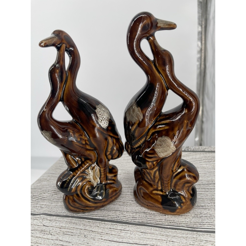 Mid Century Modern Vintage Pair of Cranes Brown Drip‎ Glaze 8.5" Figurine Cranes